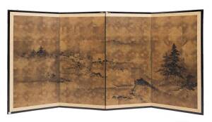 A four-fold Japanese screen painted with a landscape, artist seal, 20th Century. 180 x 91cm