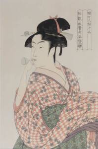 A pair of Japanese woodblock prints after the original by Utamaro (1753-1806). 38cm x 25cm 