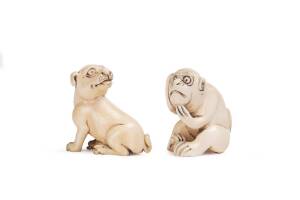 Two Japanese ivory netsuke, monkey & dog. Tallest 3cm. 