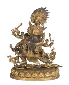 A Tibetan gilt bronze figure of Mahakala, Father and Mother, 20th century, 60cm high