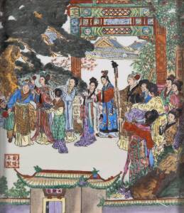 A framed Chinese porcelain enamel painting depicting a scene of the Dream of Red Mansions with Qianlong seal mark, 20th Century, 38.5 x 34.5cm