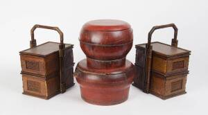 Two Chinese red lacquer circular food bins and a pair of 2-tier wicker food boxes