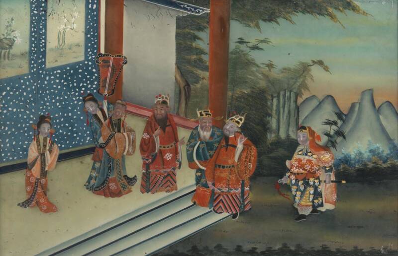 A pair of Chinese reverse paintings on glass depicting a nobleman with attendants, Qing Dynasty, 19th century, 53 x 86 cm