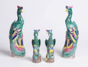 A large pair of Chinese porcelain phoenix, mark; and a smaller pair, 41cm & 26cm high