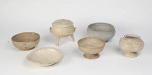 A group of six stoneware vessels, including a moulded glazed dish, three bowls, one jar and cover triop vessel, 13-17th Century.