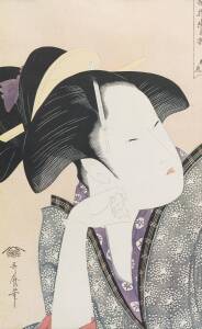 A collection of eight Japanese woodblock prints by KITAGAWA UTAMARO, TOSHUSAI SHARAKU, UTAGAWA HIROSHIGE, KATSUSHIKA HOKUSAI, the largest 24.5 x 36.5cm