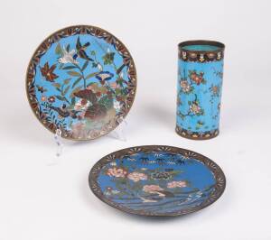 Two Chinese cloisonné plates decorated with birds (24cm diameter); and a similar vase (20cm high)