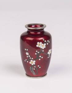 A miniature Japanese red ground ginbari cloisonné floral blossom vase signed Sato, 9 cm high