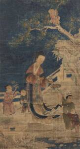 A Chinese painting scroll, ink and colour on silk, depicting a court lady with children, 20th Century. 221 x 58cm