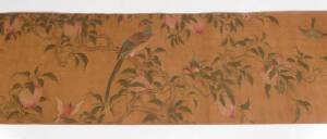 A Chinese painting hand scroll of flowers and birds, ink and colour on silk, 19th-20th Century. 226 x 38.5cm