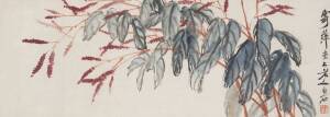 A Chinese print hand scroll of flowers, seal and signature after “Qian Baishi”, 20th Century. 96 x 34cm