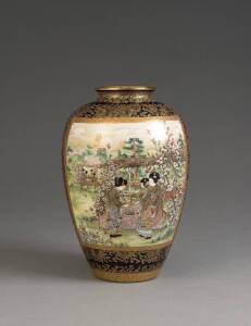 A Japanese Satsuma ovoid vase, Meiji period, circa 1900,decorated with two large panels, ladies in a garden and a hen and cockerel in landscape, revered against a gilt decorated mid-night blue ground, gilt seal marked to base. 27cm high. PROVENANCE: Colle