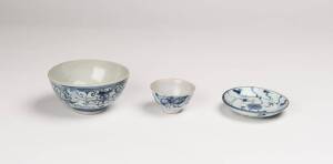 An Vietnamese blue and white bowl (12cm diameter); a Chinese blue and white cup (7.2cm diameter), and a Vietnamese small blue and white dish (11cm diameter), 16th-19th Century