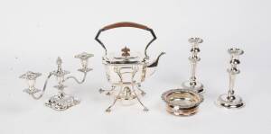 A silver plated spirit kettle, bottle coaster, pair of candlesticks & candelabra. (5 items).