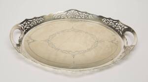 A Victorian silver plate 2 handled pierced gallery oval tray. 52 x 27cm.