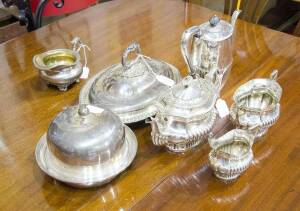 A collection of silver plate, comprising a 3 piece fluted tea set, similar coffee pot, muffin dish, entrée dish and Antique Sheffield plate cream jug, circa 1810