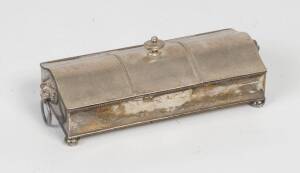 A silver plated inkstand with fitted interior and lion mask handles, 19th Century. 26cm wide