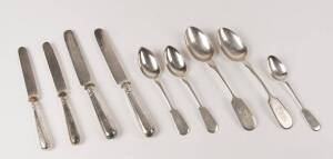 A collection of Estonian silver cutlery, comprising 6 dessert spoons, 6 table spoons and 6 entrée knives by Johannes Messner, (marked Eesti Vabariik), and 3 table spoons and a teaspoon by August Reiman, Tallinn 1924-39