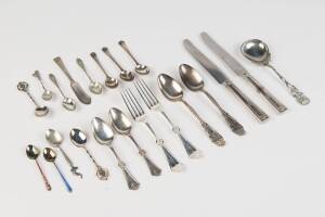 A collection of silver plate cutlery, comprising a service for 12 by Hardy Brothers containing soup spoons, table forks, table knives, desserts spoons, entrée knives, entrée forks, tea spoons and 4 table spoons; and a collection of various items including