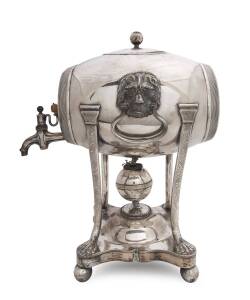 An Antique Sheffield plate barrel shaped tea urn, circa 1800. 41 cm high