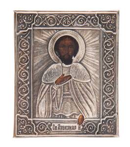 A Russian silver traveling icon of St Alexander Nevsky, St Petersburg 1890. 8.5 x 7cm