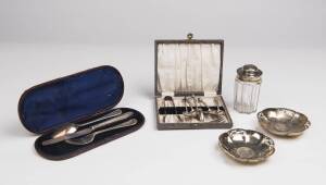 A small group of silver items, including boxed cutlery, pair of dishes, sugar sifter, spoons, tongs & fork, 19th & 20th Century