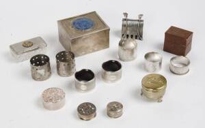 A group of silver & silver plated jewellery & stud boxes & napkin rings (14 items). 