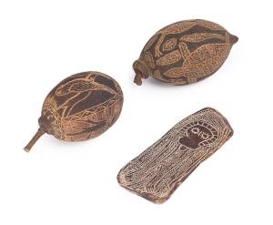 JACK WHERRA carved boab nut plus carved nut & stone wanjina, Western Australia, 20th Century. Wanjina 19.5cm.