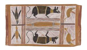 NARRITJIN MAYMURU (1922-1982): Untitled (Possum Dreaming), natural earth pigments on bark. 68 x 36 cm