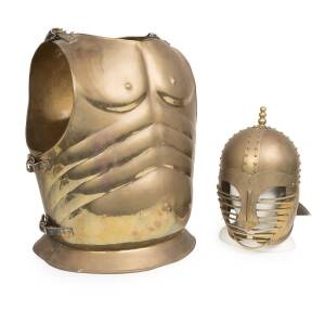 Reproduction breast plate amour and helmet in the gladiator style. 