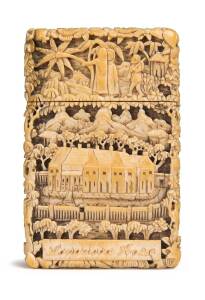 A carved Canton ivory card case depicting Napoleon's tomb on Saint Helena, 19th Century. 10.5cm high, 7cm wide, 2cm deepNB: This Item requires a CITES certificate for export, this lot cannot be shipped to the USA or Territories