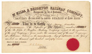 "St.Kilda & Brighton Railway Company", 8 share certificates, dated 1859.