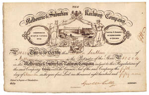 "The Melbourne & Suburban Railway Company", 6 share certificates to David Scallan of Melbourne, November 1859. Very attractive and scarce.
