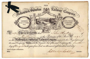 "The Melbourne & Suburban Railway Company", 11 share certificates to John Hastie of Melbourne, August 1860; plus certificate transferring these shares to George Henry Hough of Burrumbeet in Dec.1860. Very attractive and scarce.