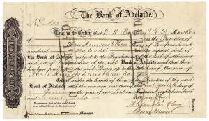 "The Bank of Adelaide", 3 share certificates to Eliza Mary Andrews of Norwood; W.H.Bartley & G.W.Hawkes; Hillary Boucant of Adelaide, all dated 1872.