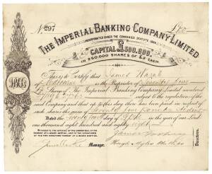 c1878-80s share certificates, noted Suburban Bus & Tram Company (3); The Imperial Banking Company, The Mercantile Bank of Australia, R.Goldsborough & Company, Permewan Wright and Company, Melbourne National Property Land & Investment Co, The Australian Fi
