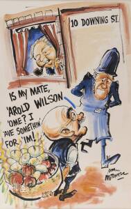 NORM MITCHELL: Large original drawing of Alf Garnett with British Prime Minister Harold Wilson by cartoonist Neil Mitchell (1920-80), signed lower right, framed & glazed, overall 68x104cm.