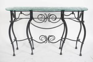 A Mark Douglas Design wrought iron hall table with glass top, circa 1996. 92cm high, 159cm wide, 48cm deep.