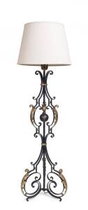 A French wrought iron & gilt standard lamp with shade. 158cm.