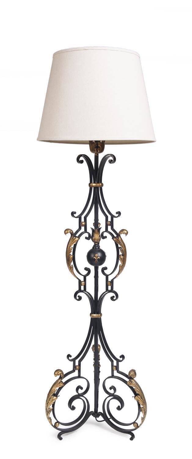 A French wrought iron gilt standard lamp with shade. 158cm