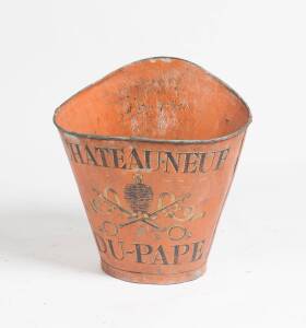 An antique "Chateau Neuf Du Pape" red tole ware grape pickers bin. 60cm high, 59cm wide, 45cm deep.