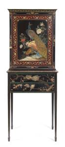 A Chinoiserie black lacquer cabinet, late 19th/early 20th Century.175cm high,  66cm wide, 41cm deep.