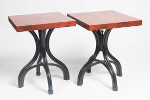 A pair of red painted bentwood bistro tables. 75cm high, 60cm, 60cm. 