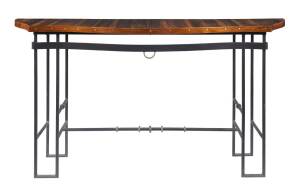 An Art Deco walnut console side table with wrought iron base. 91cm high, 180cm wide, 43cm.