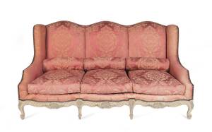 A Louis XV style painted and upholstered 3 seater settee. Length of back: 185cm.