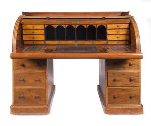 A cylinder roll top mahogany desk, mid 19th Century.  115cm high, 152cm wide, 81cm deep.