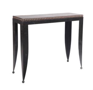 A studded steel and leather console. 89cm high, 101cm wide, 37cm deep. 