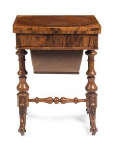 A English burr walnut sewing table with fold over games top, circa 1870's. 70cm high, 53cm wide, 41cm deep. 