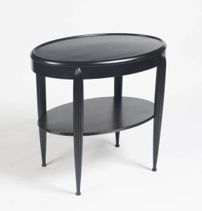 An Art Deco ebonised two tier centre table. 74cm high, 80cm wide, 54cm deep.