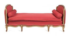 A Louis XV style painted & upholstered double ended chaise. 204cm.